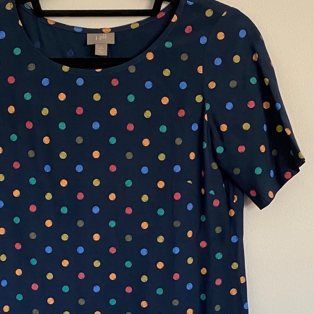 J.Jill Navy Short Sleeve Dress With Rainbow Polka Dots